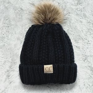 CC Kids Fuzzy Lined Fur PomPom Beanie Unisex Cozy Stretch Logo Cable Knit Black